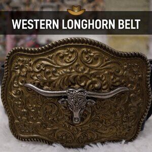 Western Longhorn Skull Statement Belt Engraved Gold Buckle Ranch Style